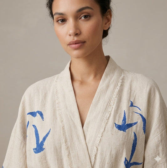 Cream Cotton Blue Bird Print Wrap KIMONO Dress | Bohemian Tie-Waist Midi Kaftan Robe | Resort Wear Summer Dress