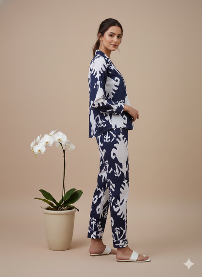 Luxury Indigo Floral Hand-Block Print Pajama Set | 100% Organic Cotton Sleepwear | Women's Artisan Loungewear with Matching Pouch