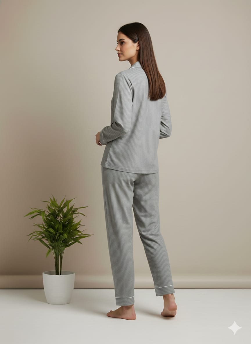 Women’s Grey Striped Cotton Pajama Set – Soft Button-Down Nightwear