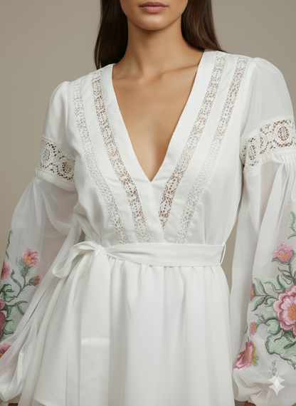 Pikaru Fashion Women’s White Embroidered Lace Chiffon Mini Dress – Sheer Sleeve Cottagecore Party & Vacation Outfit