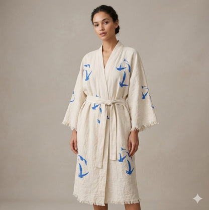 Cream Cotton Blue Bird Print Wrap KIMONO Dress