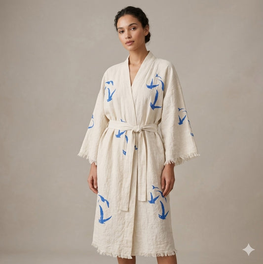 Cream Cotton Blue Bird Print Wrap KIMONO Dress | Bohemian Tie-Waist Midi Kaftan Robe | Resort Wear Summer Dress