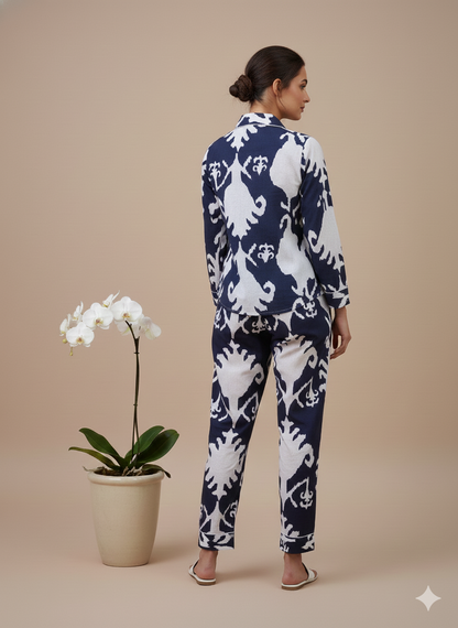 Luxury Indigo Floral Hand-Block Print Pajama Set | 100% Organic Cotton Sleepwear | Women's Artisan Loungewear with Matching Pouch