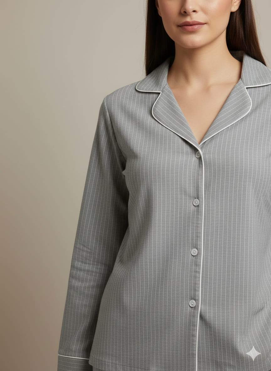 Women’s Grey Striped Cotton Pajama Set – Soft Button-Down Nightwear