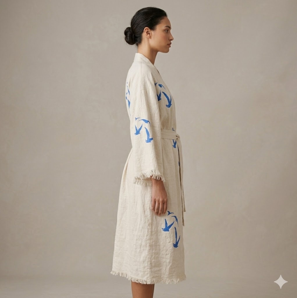 Cream Cotton Blue Bird Print Wrap KIMONO Dress