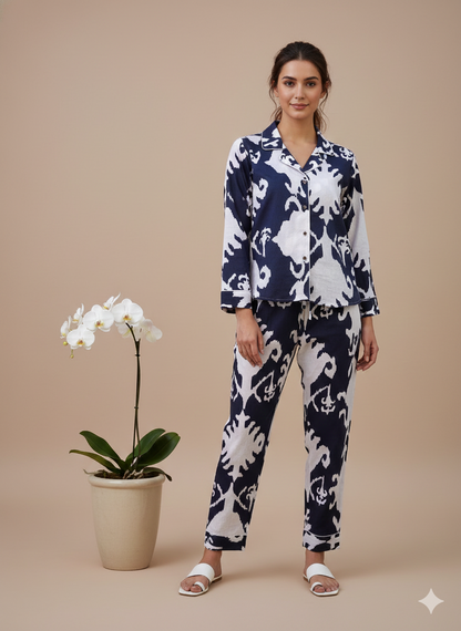 Luxury Indigo Floral Hand-Block Print Pajama Set | 100% Organic Cotton Sleepwear | Women's Artisan Loungewear with Matching Pouch