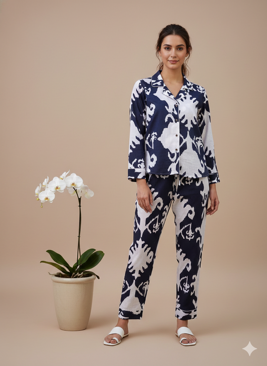 Luxury Indigo Floral Hand-Block Print Pajama Set | 100% Organic Cotton Sleepwear | Women's Artisan Loungewear with Matching Pouch