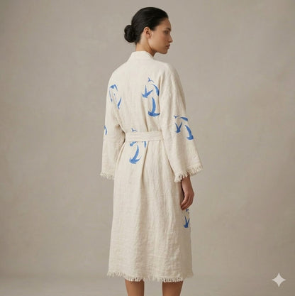 Cream Cotton Blue Bird Print Wrap KIMONO Dress