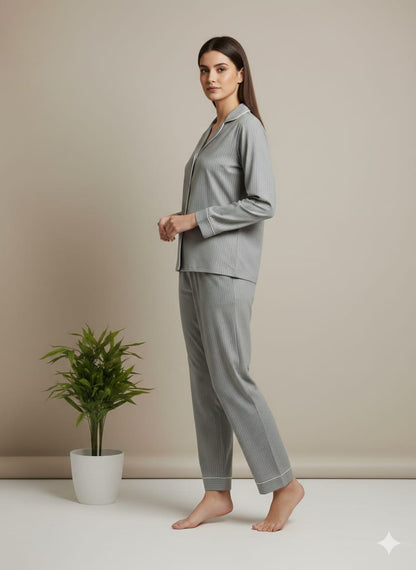 Women’s Grey Striped Cotton Pajama Set – Soft Button-Down Nightwear
