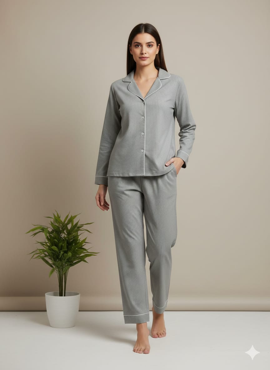 Women’s Grey Striped Cotton Pajama Set – Soft Button-Down Nightwear