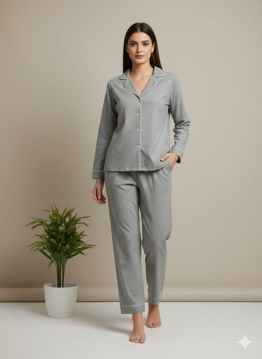Women’s Grey Striped Cotton Pajama Set – Soft Button-Down Nightwear