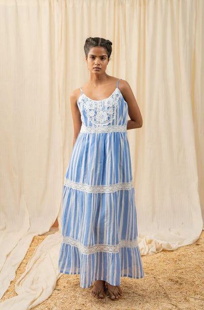 Boho Blue Stripe Cotton Maxi Dress | Lace Trim Tiered Sundress | Crochet Detail Beach Dress