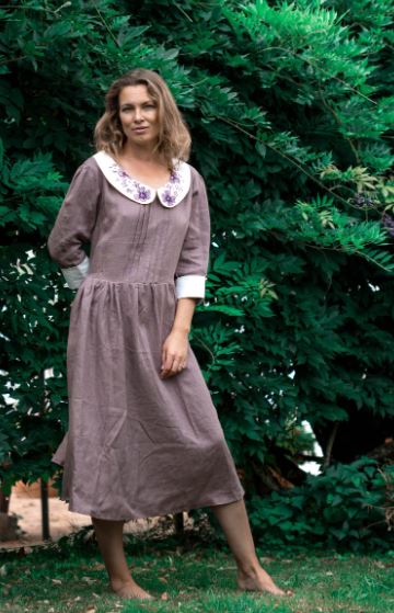 Light Pink Hand-Embroidered Cotton Midi Dress for Women – Peter Pan Collar Cottagecore Folk Dress