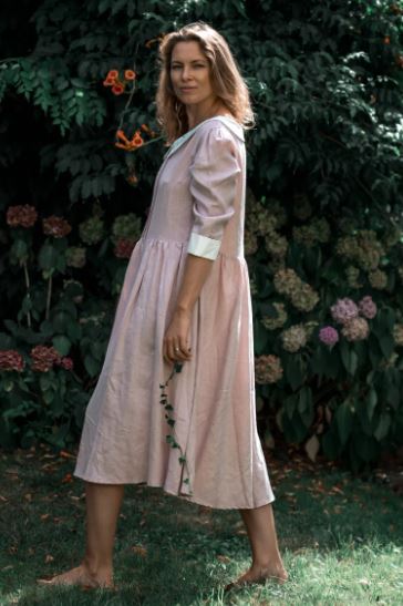Light Pink Hand-Embroidered Cotton Midi Dress for Women – Peter Pan Collar Cottagecore Folk Dress