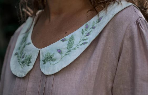 Light Pink Hand-Embroidered Cotton Midi Dress for Women – Peter Pan Collar Cottagecore Folk Dress