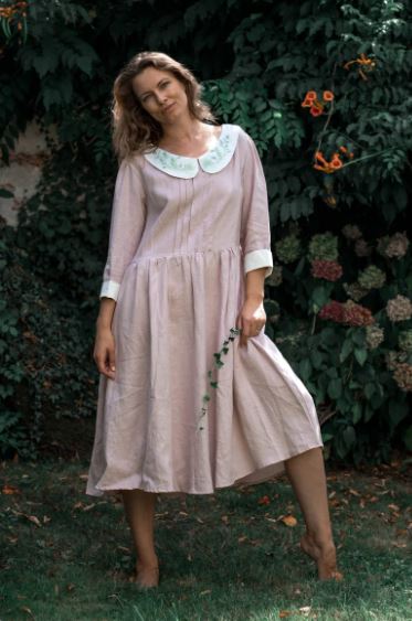 Light Pink Hand-Embroidered Cotton Midi Dress for Women – Peter Pan Collar Cottagecore Folk Dress