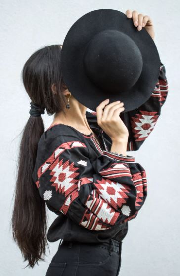 Hand-Embroidered Black Folk Cotton Tunic Top – Multicolour Tassel Puff Sleeve Boho Top
