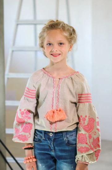 Girls Hand-Embroidered Cotton Boho Blouse  Top – Beige Pink Folk Tunic Top with Bird Motifs & Tassel Neck Best Product Description: