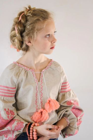 Girls Hand-Embroidered Cotton Boho Blouse  Top – Beige Pink Folk Tunic Top with Bird Motifs & Tassel Neck Best Product Description:
