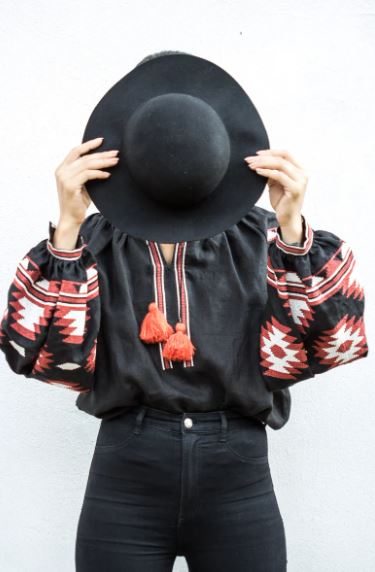 Hand-Embroidered Black Folk Cotton Tunic Top – Multicolour Tassel Puff Sleeve Boho Top