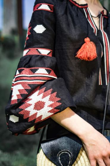 Hand-Embroidered Black Folk Cotton Tunic Top – Multicolour Tassel Puff Sleeve Boho Top