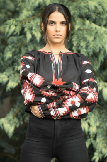 Hand-Embroidered Black Folk Cotton Tunic Top – Multicolour Tassel Puff Sleeve Boho Top