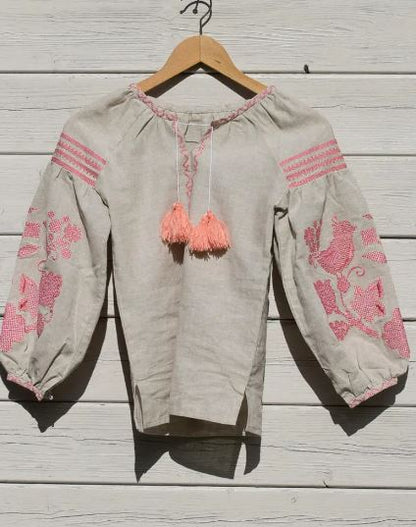Girls Hand-Embroidered Cotton Boho Blouse  Top – Beige Pink Folk Tunic Top with Bird Motifs & Tassel Neck Best Product Description: