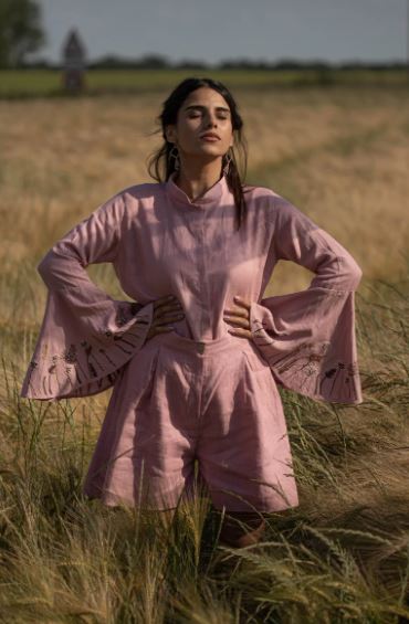 Pink Embroidered Linen Cotton Co-Ord Set for Women – Boho Floral Bell Sleeve Shirt & High-Waist Shorts