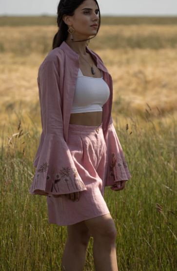 Pink Embroidered Linen Cotton Co-Ord Set for Women – Boho Floral Bell Sleeve Shirt & High-Waist Shorts