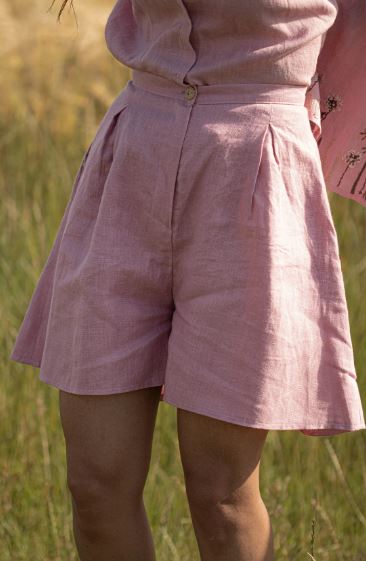 Pink Embroidered Linen Cotton Co-Ord Set for Women – Boho Floral Bell Sleeve Shirt & High-Waist Shorts