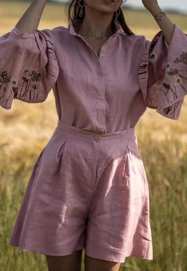 Pink Embroidered Linen Cotton Co-Ord Set for Women – Boho Floral Bell Sleeve Shirt & High-Waist Shorts