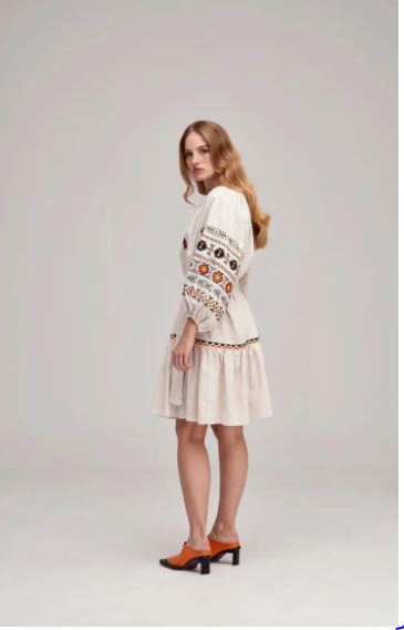 Hand-Embroidered Cotton Mini Dress for Women – Boho Folk Geometric Vyshyvanka Style with Tie Waist