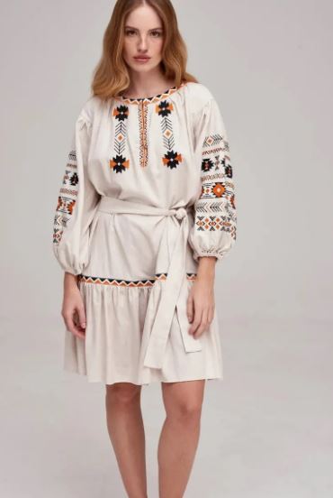 Hand-Embroidered Cotton Mini Dress for Women – Boho Folk Geometric Vyshyvanka Style with Tie Waist