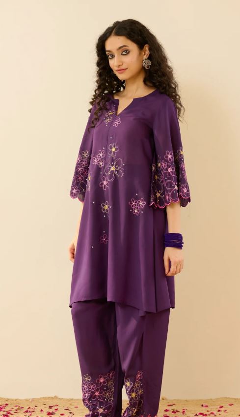 Vibrant Purple Multi-Color Floral Embroidered Cotton Co-Ord Set for Women | Handcrafted Bell Sleeve Kurta & Pants | Breathable Indian Ethnic We