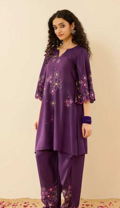 Vibrant Purple Multi-Color Floral Embroidered Cotton Co-Ord Set for Women | Handcrafted Bell Sleeve Kurta & Pants | Breathable Indian Ethnic We
