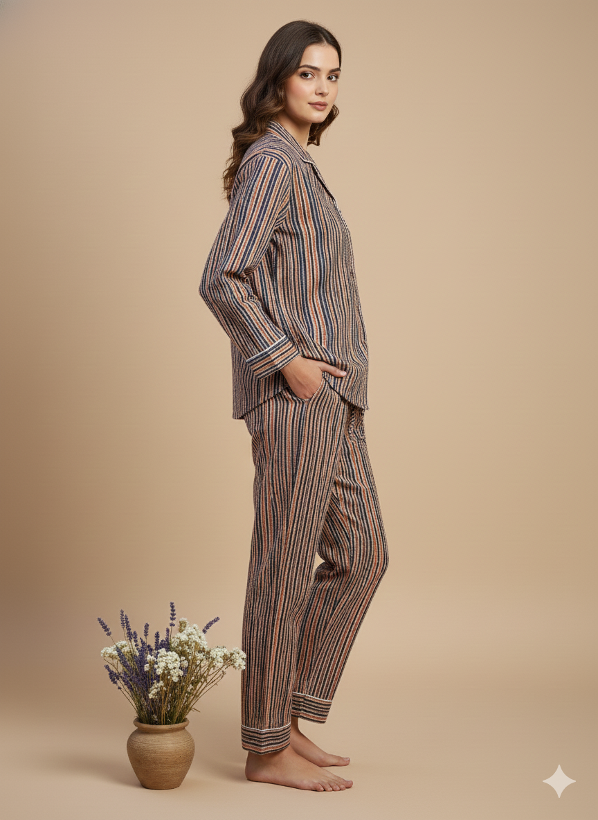 Luxury Indigo Floral Hand-Block Print Pajama Set | 100% Organic Cotton Sleepwear | Women's Artisan Loungewear with Matching Pouch