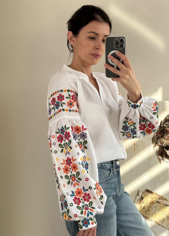 Hand-Embroidered Floral Cotton Blouse – Multi-Color Puff Sleeve Boho Top