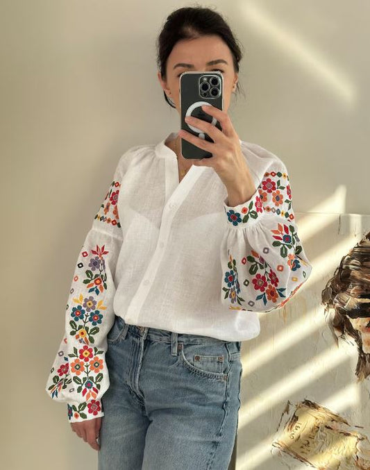 Hand-Embroidered Floral Cotton Blouse – Multi-Color Puff Sleeve Boho Top
