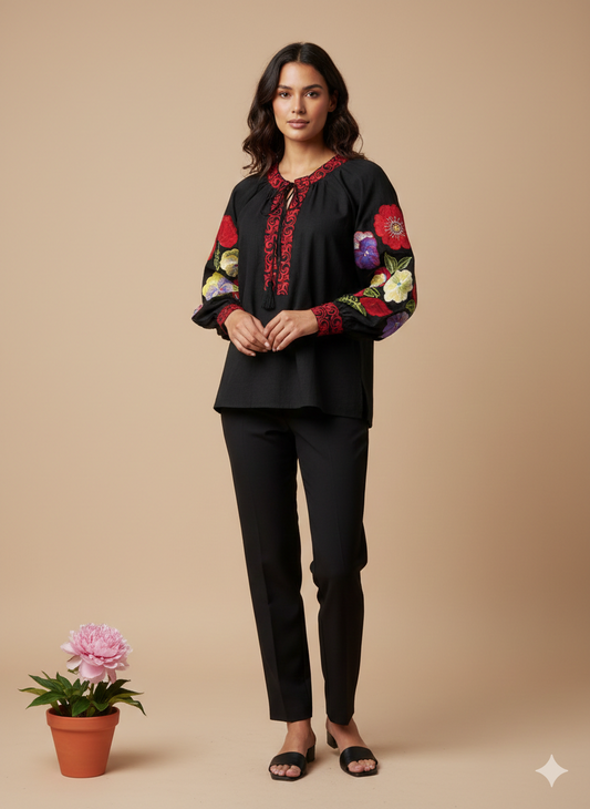 Pikaru Fashion Women’s Black Boho Floral Embroidered Peasant Blouse – Long Sleeve Bohemian Top