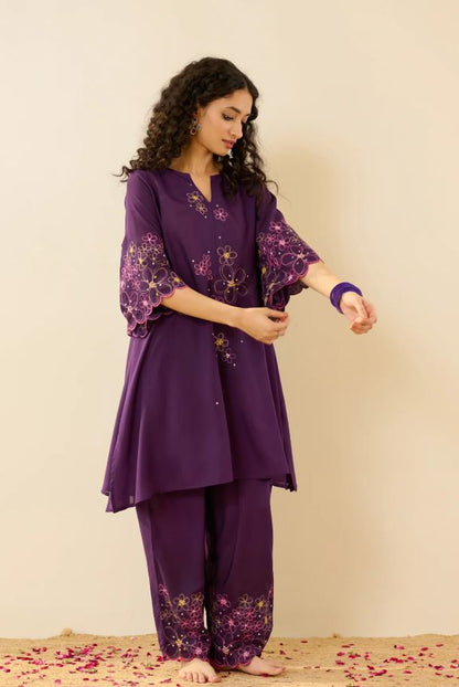 Vibrant Purple Multi-Color Floral Embroidered Cotton Co-Ord Set for Women | Handcrafted Bell Sleeve Kurta & Pants | Breathable Indian Ethnic We