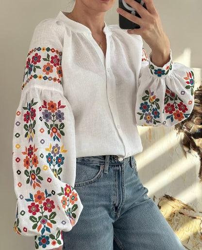 Hand-Embroidered Floral Cotton Blouse – Multi-Color Puff Sleeve Boho Top