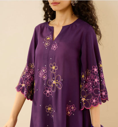 Vibrant Purple Multi-Color Floral Embroidered Cotton Co-Ord Set for Women | Handcrafted Bell Sleeve Kurta & Pants | Breathable Indian Ethnic We