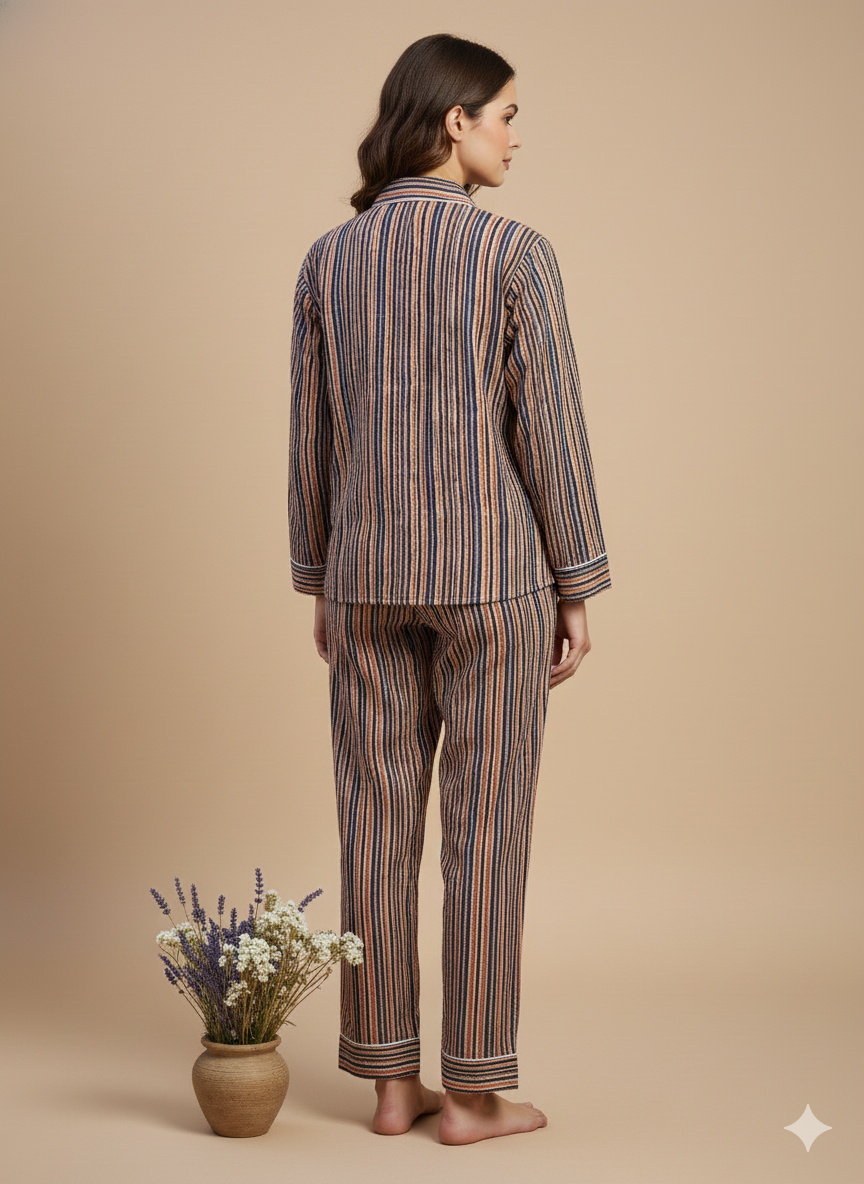 Luxury Indigo Floral Hand-Block Print Pajama Set | 100% Organic Cotton Sleepwear | Women's Artisan Loungewear with Matching Pouch