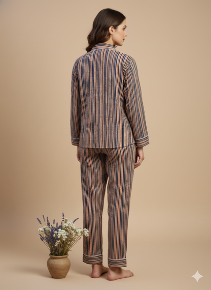 Luxury Indigo Floral Hand-Block Print Pajama Set | 100% Organic Cotton Sleepwear | Women's Artisan Loungewear with Matching Pouch