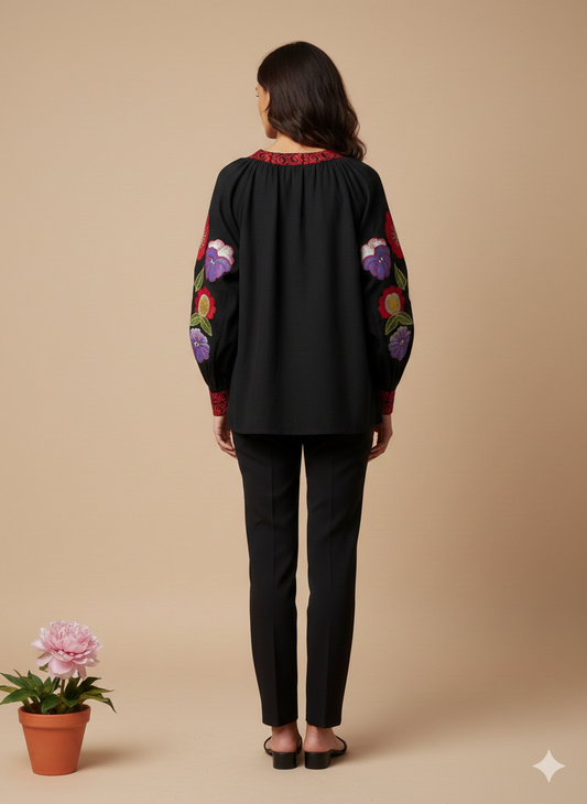 Pikaru Fashion Women’s Black Boho Floral Embroidered Peasant Blouse – Long Sleeve Bohemian Top