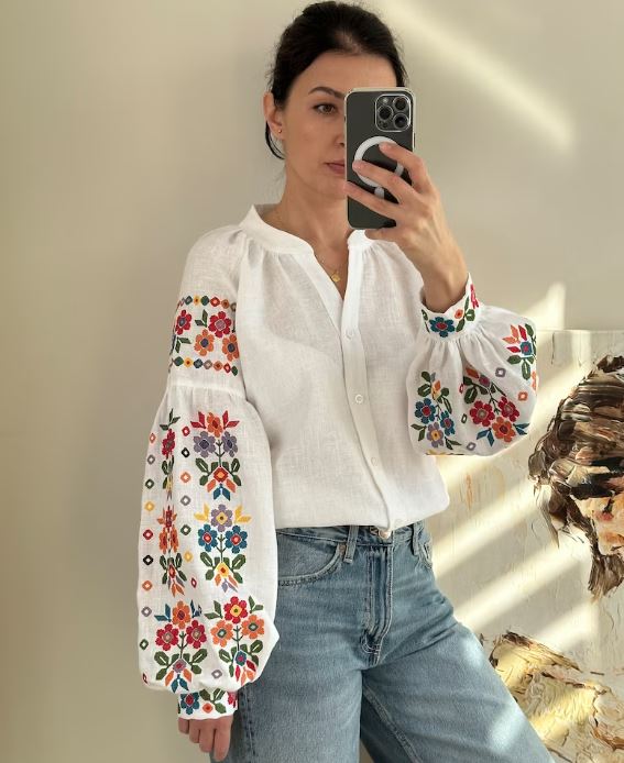 Hand-Embroidered Floral Cotton Blouse – Multi-Color Puff Sleeve Boho Top