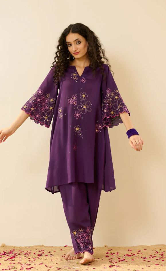 Vibrant Purple Multi-Color Floral Embroidered Cotton Co-Ord Set for Women | Handcrafted Bell Sleeve Kurta & Pants | Breathable Indian Ethnic We