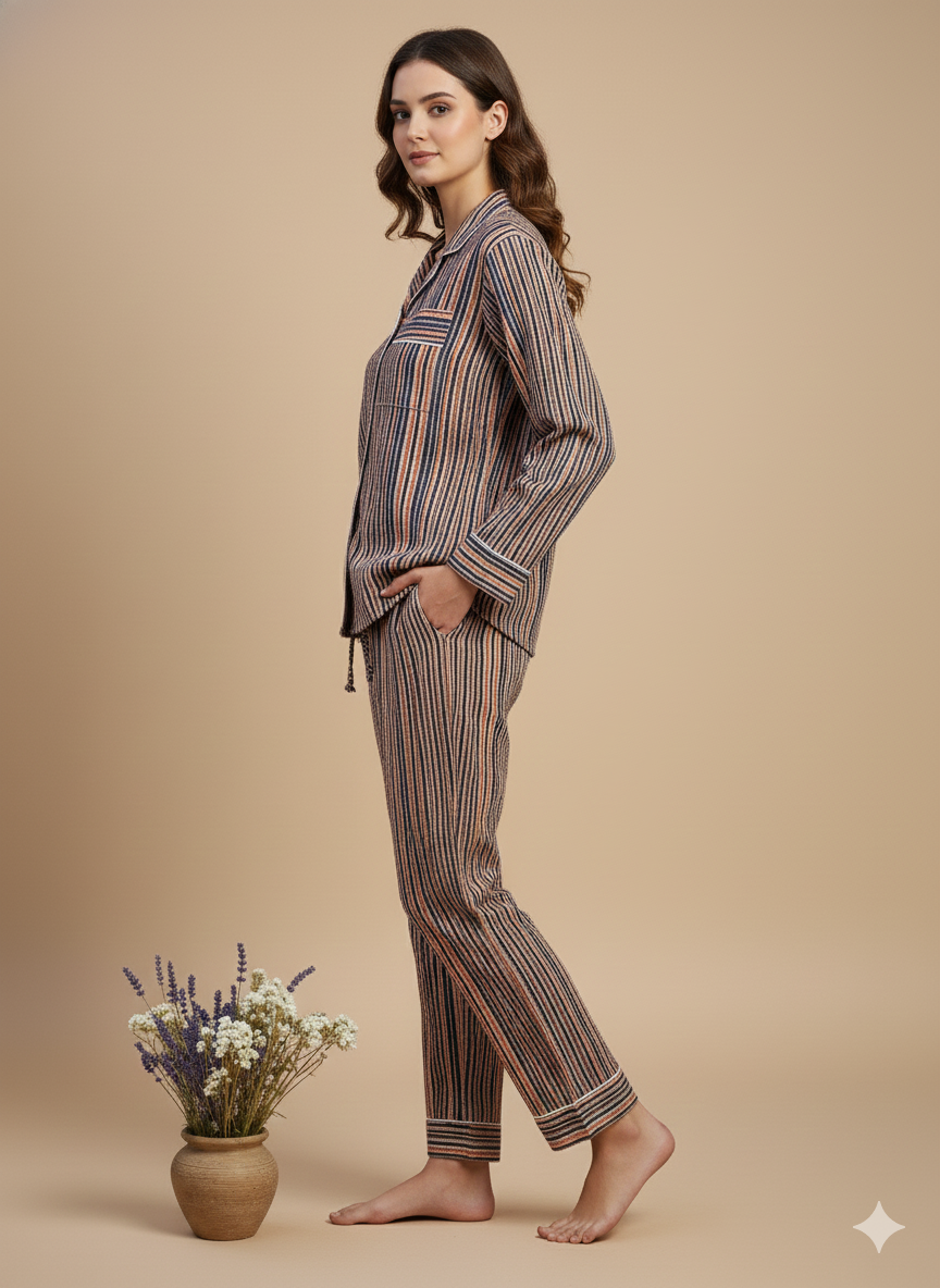 Luxury Indigo Floral Hand-Block Print Pajama Set | 100% Organic Cotton Sleepwear | Women's Artisan Loungewear with Matching Pouch