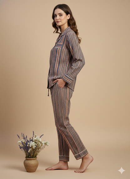 Luxury Indigo Floral Hand-Block Print Pajama Set | 100% Organic Cotton Sleepwear | Women's Artisan Loungewear with Matching Pouch