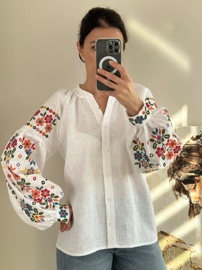 Hand-Embroidered Floral Cotton Blouse – Multi-Color Puff Sleeve Boho Top